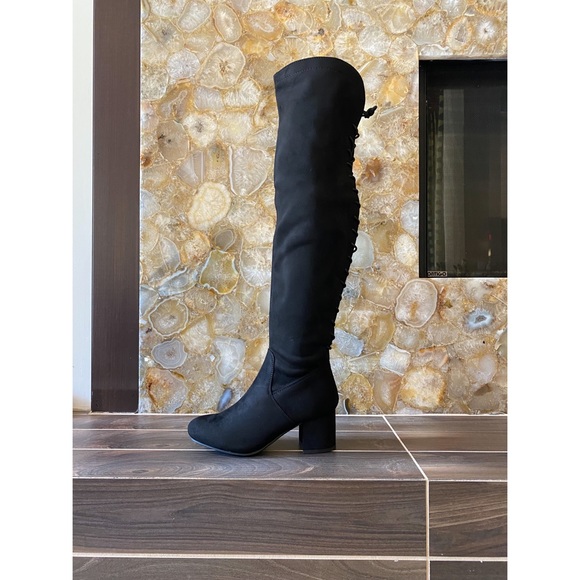 Back Lace Up Mid Faux suede Block Heel Over The Knee Thigh High Boot round toe - Picture 5 of 16